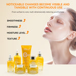 Collagen skincare set with yellow serum bottles, jars, and cream tube