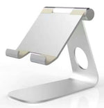 Aluminum tablet stand with slanted support and oval cutout, silver finish