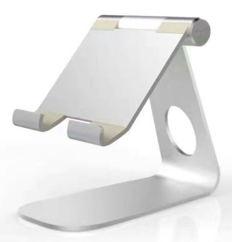 Aluminum tablet stand with slanted support and oval cutout, silver finish