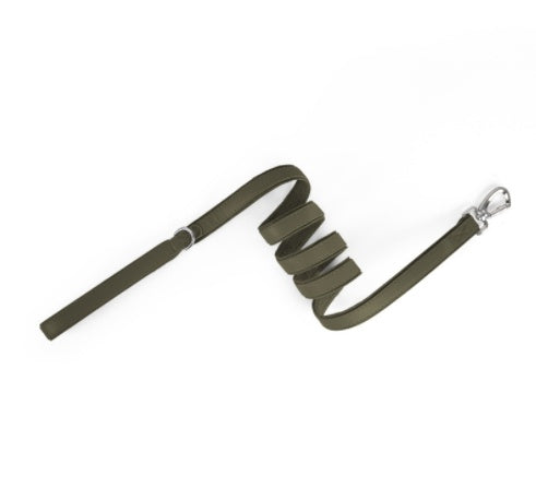 Dark green leather pet collar with AirTag holder and metal clasp, D-ring and strap cover