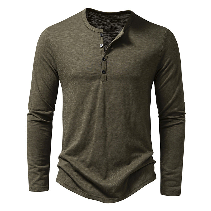 Men's long sleeve henley pullover in army green with button placket and curved shirttail