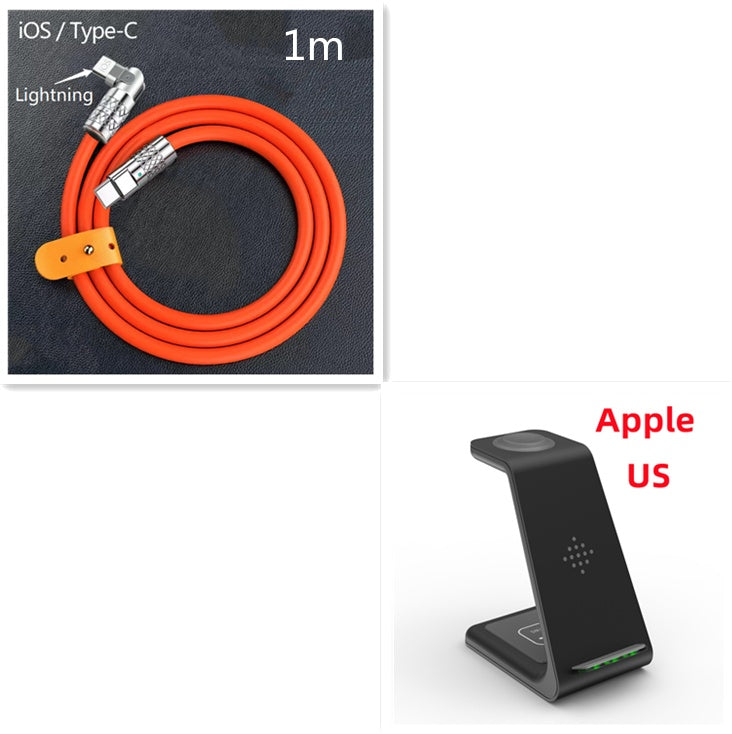 Wireless charger stand with cable, black, 1m, Lightning to Type-C connectors, orange cord