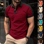 Men's short-sleeve polo shirt, dark red with black collar and placket trim