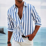 Men's striped casual shirt, blue and white, button-front V-neck long sleeves