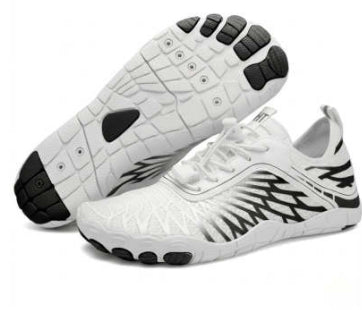 White water shoes with black graphic detailing, lace-up mesh upper, and tread sole.