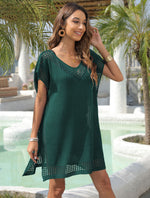 Women's hollow-out V-neck blouse, dark green knit tunic, short sleeves, loose fit