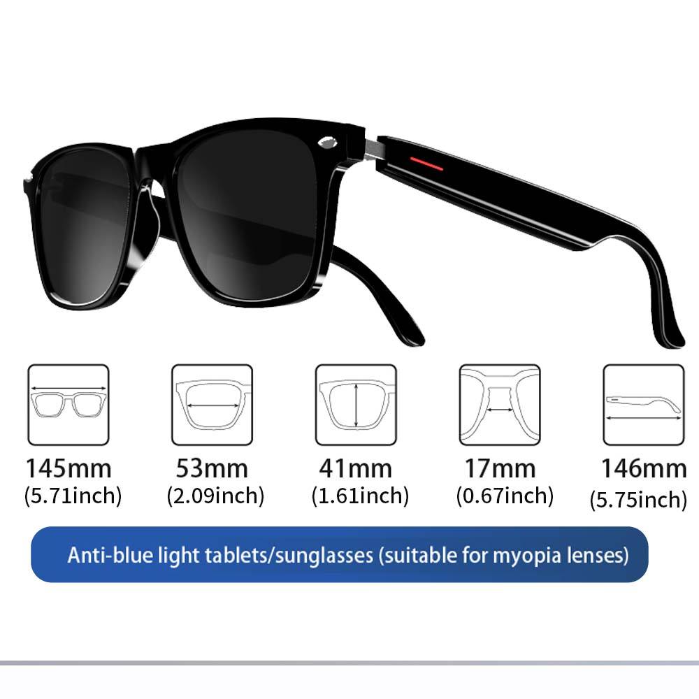 Black smart sunglasses with square lenses and extended side speaker module, front view