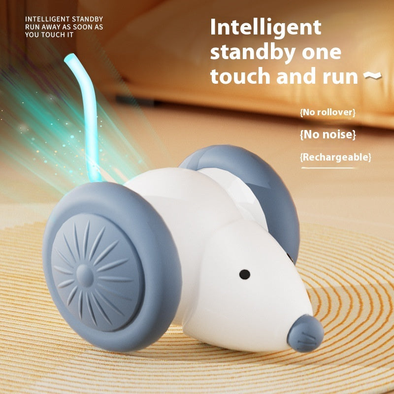 White automatic mouse cat toy with gray wheel caps, curved tail and gray nose dot