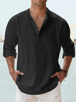 Men's cotton-linen pullover shirt, stand collar, long sleeves, black button placket