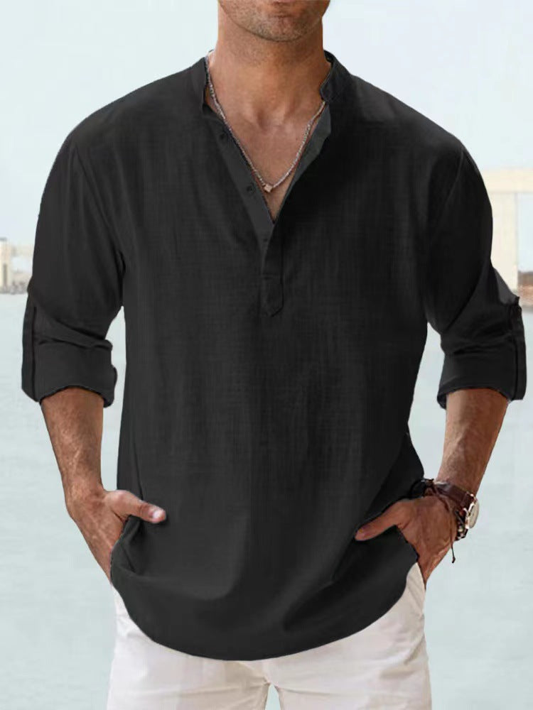 Men's cotton-linen pullover shirt, stand collar, long sleeves, black button placket
