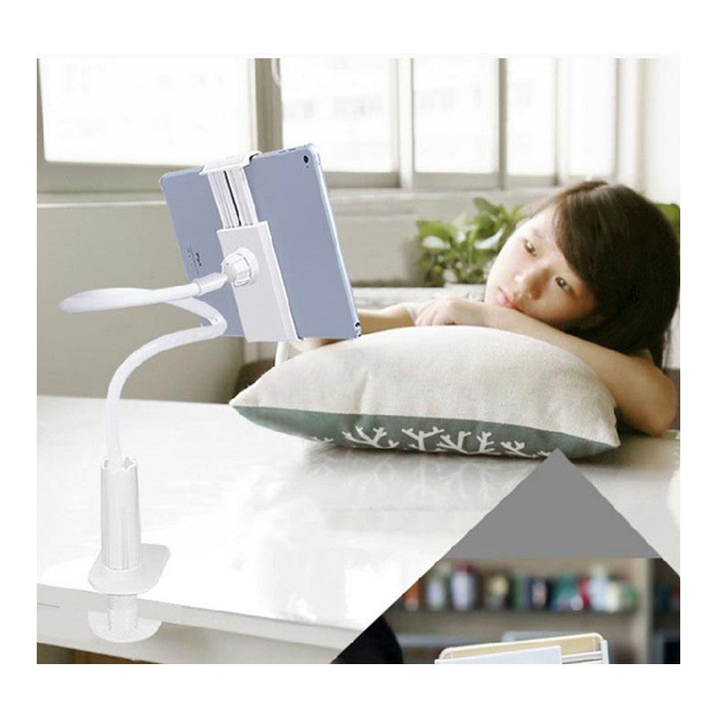 White flexible phone and tablet stand with spiral arm and tablet holder