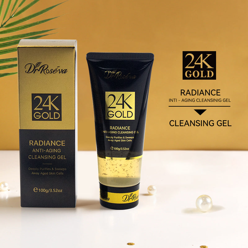 24K Gold anti-aging cleansing gel tube with product box, standing, black and gold
