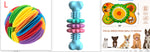 Dog chew toy set: spiral ball and blue bone-shaped teether with textured nubs.
