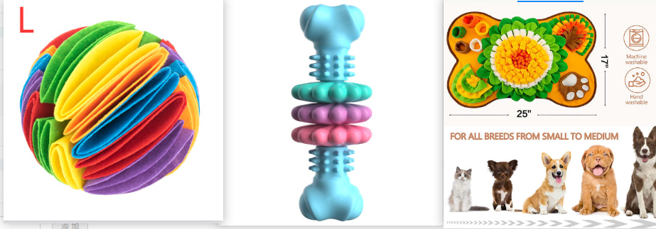 Dog chew toy set: spiral ball and blue bone-shaped teether with textured nubs.