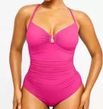 Women's ruched one-piece swimsuit with double straps, hot pink solid color