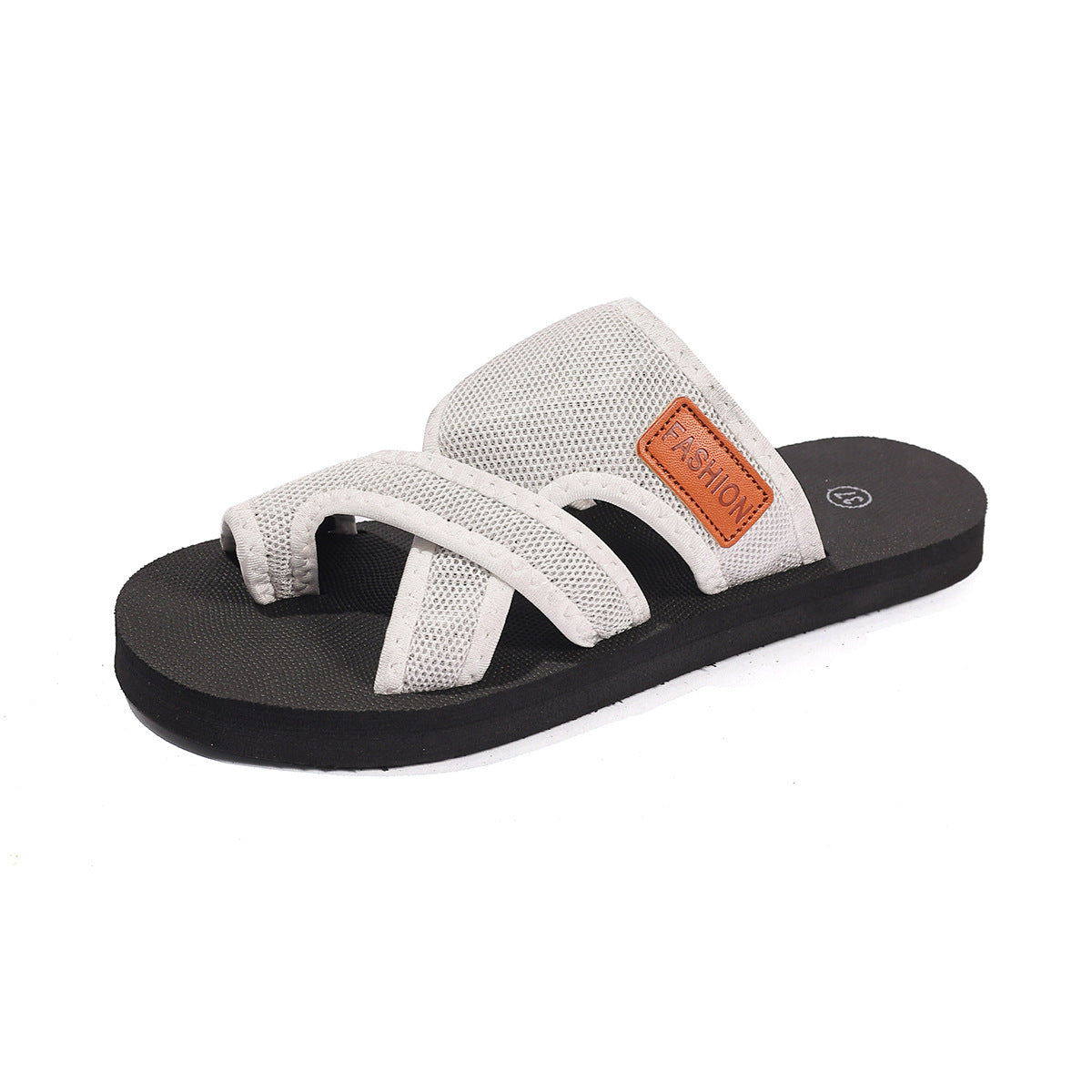 White mesh slide slippers with peep toe, crisscross straps, and black sole