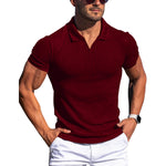 Men’s V-neck polo shirt, short sleeves, vertical stripe texture, dark red