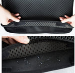 Black double-layer cat litter mat with raised edge, showing top and bottom textured layers