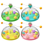 Interactive cat toy turntable set in green, teal, yellow, and pink with dangling balls