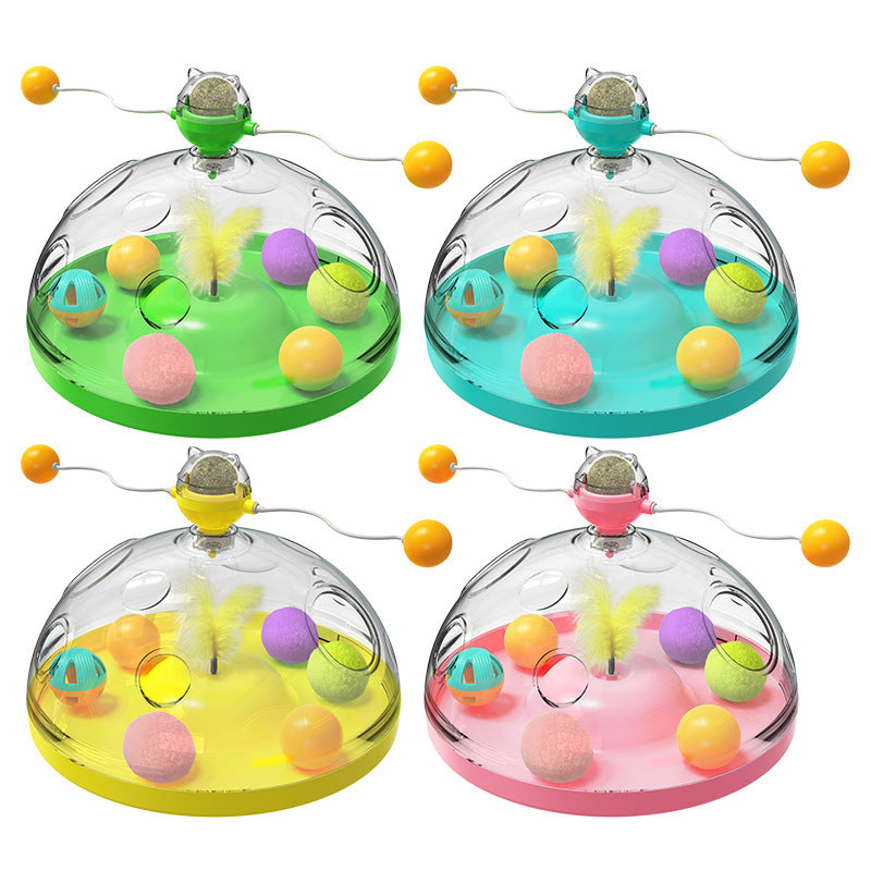 Interactive cat toy turntable set in green, teal, yellow, and pink with dangling balls