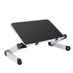 Foldable laptop stand with black top panel and aluminum base with adjustable supports