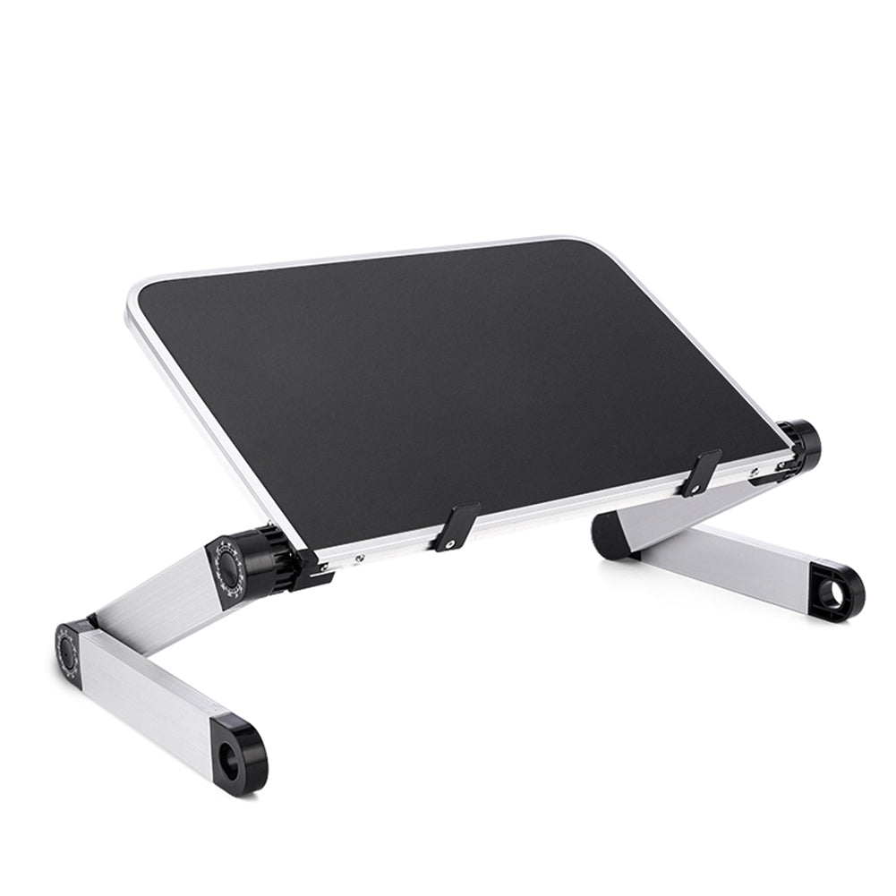 Foldable laptop stand with black top panel and aluminum base with adjustable supports