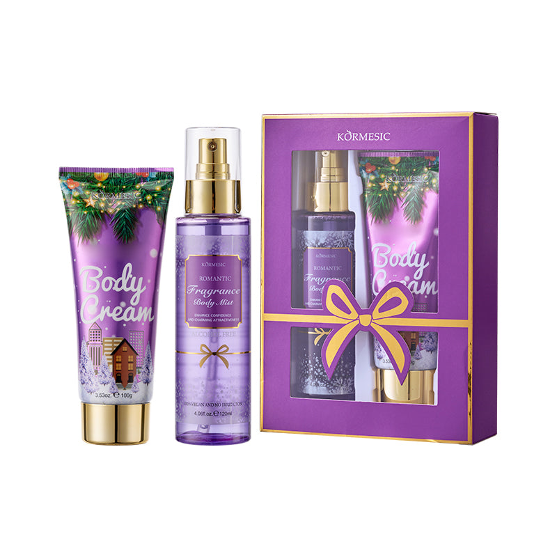 KORMESIC body cream set with purple box, spray bottle, and body cream tube