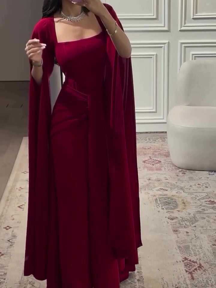 Vestido largo con capa, escote cuadrado y cuello redondo color borgoña – Elegante corte regular
