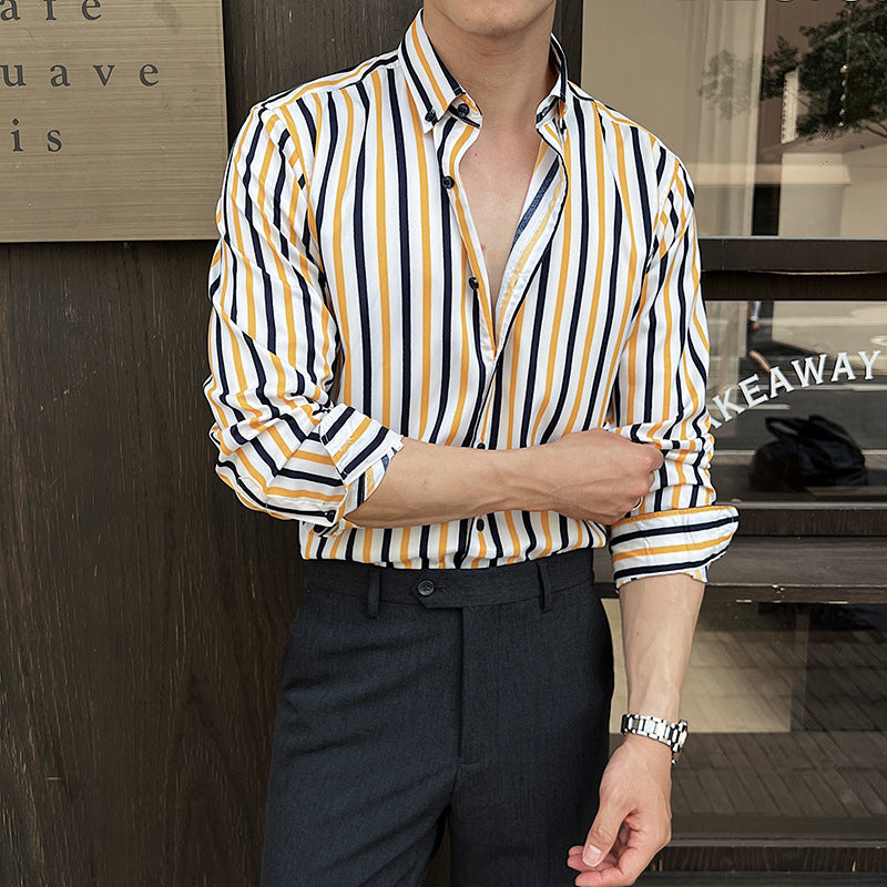 Camisa de manga larga a rayas para hombre – Poliéster casual, corte regular