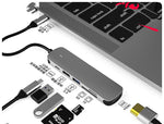 USB-C hub docking station connected to laptop, visible USB ports, HDMI output and SD slot