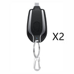Black mini keychain power bank charger with Type-C connector and metal keyring clip