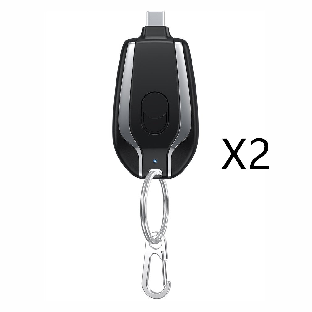 Black mini keychain power bank charger with Type-C connector and metal keyring clip