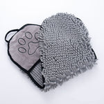 Gray microfiber pet bathrobe towel with paw face patch and shaggy absorbent loops