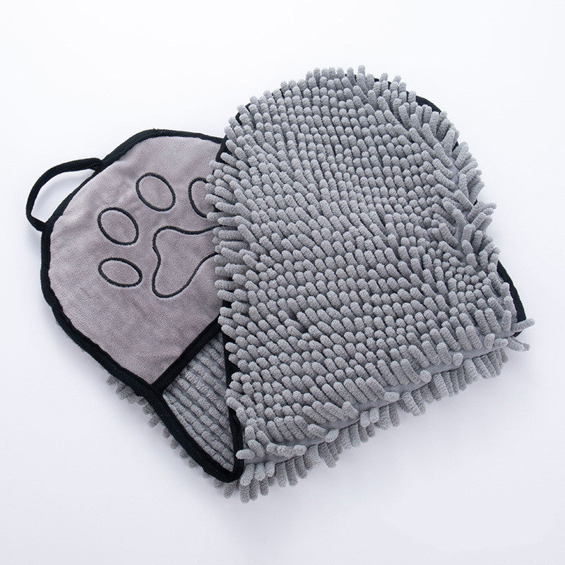 Gray microfiber pet bathrobe towel with paw face patch and shaggy absorbent loops