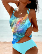 High-waist bikini swimsuit with blue multicolor swirl tank top and light blue bottoms