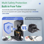 Universal travel adapter with internal fuse tube protection and plug outlets