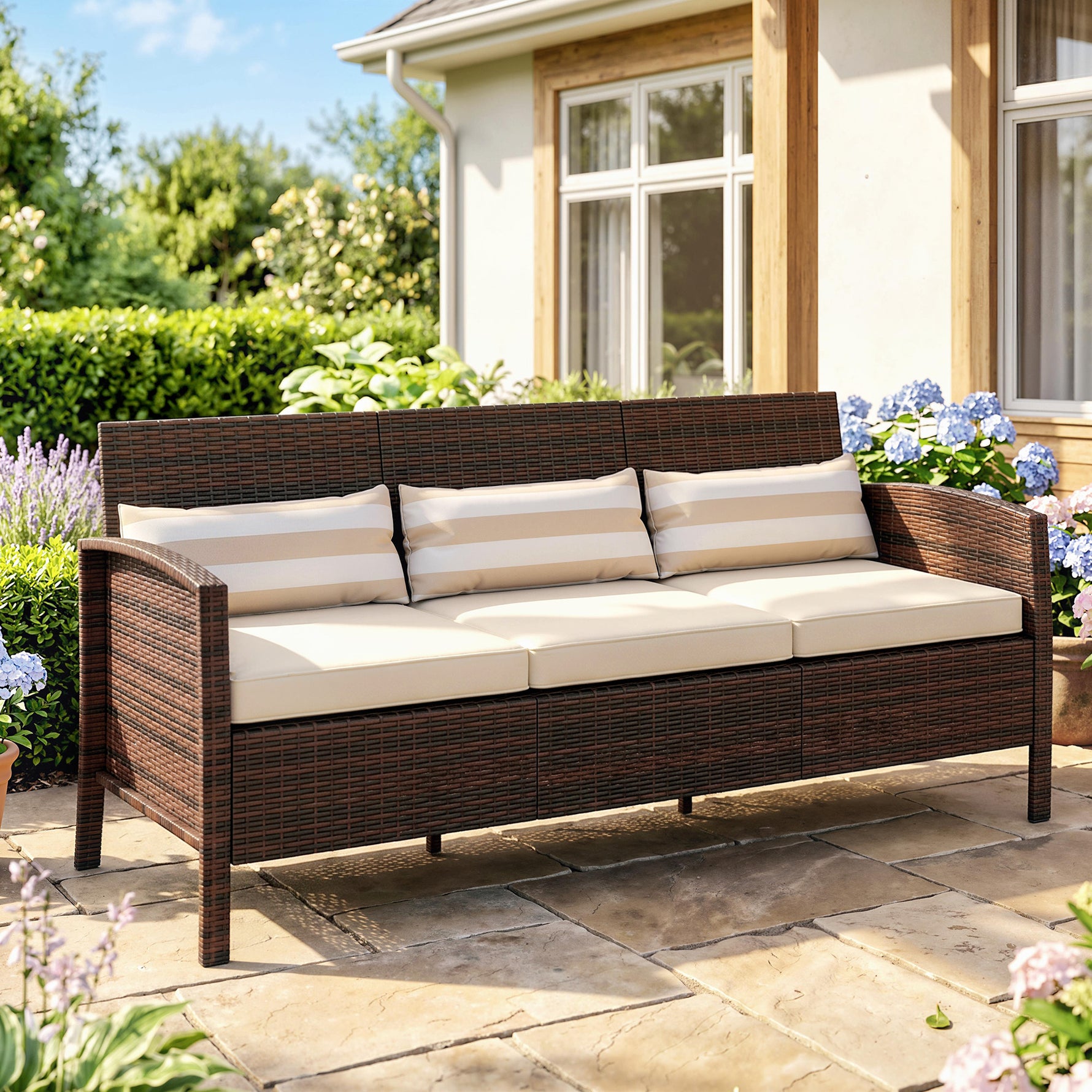 Rattan Sofa Mit Kissen, Dreisitzer, Garten Loungesofa, Stahl, Braun, 173 X 68 X 78 Cm