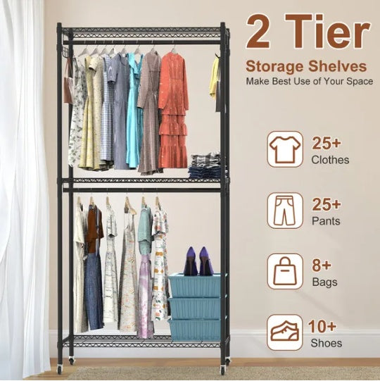 2 Tier Clothing Rack With Cover Portable Wardrobe Closet Covered Garment Rack With 4 Wheels 2 Hanging Rods 2 Hook Racks 35.43x17.13x72.44in