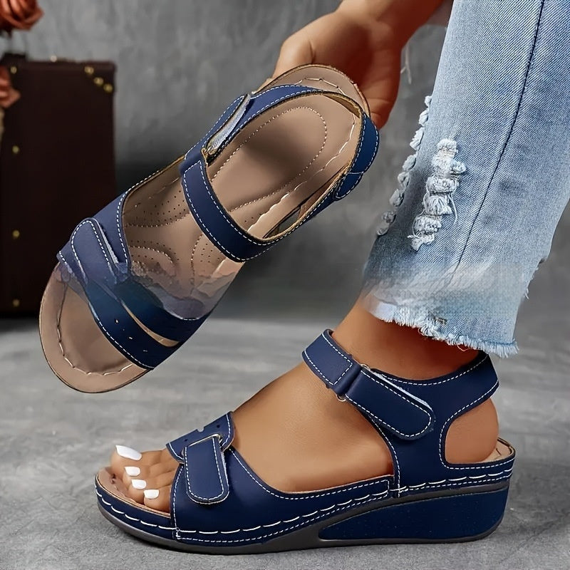 Velcro sandals with thick sole, dark blue upper, open toe and ankle strap