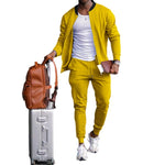 Men's zip-up long sleeve jacket and drawstring sweatpants set in yellow, with tapered legs