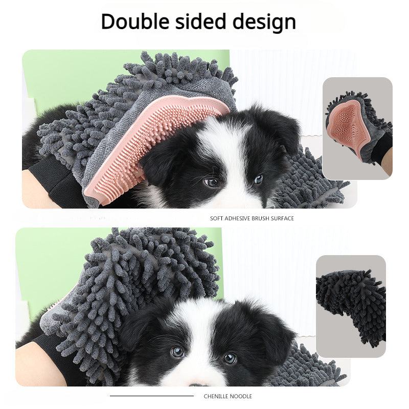 2-in-1 pet grooming glove, gray chenille with double pink silicone pads