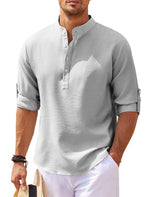 Men's textured stand-collar shirt, gray, short sleeves, button placket