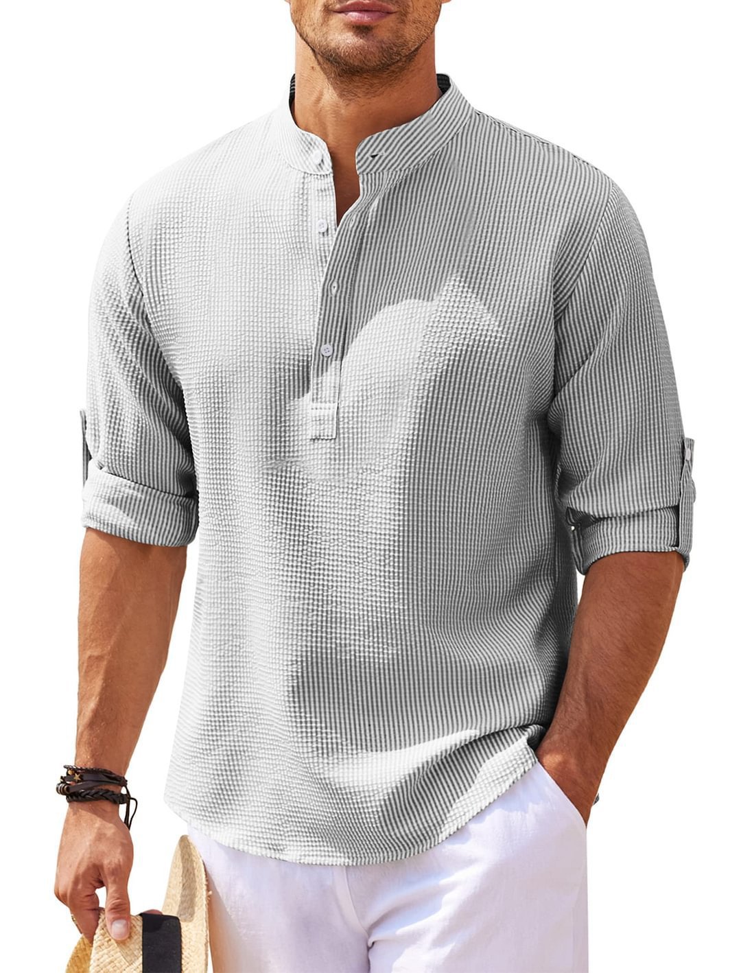 Men's textured stand-collar shirt, gray, short sleeves, button placket