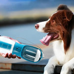 3-in-1 portable pet cup, blue bottle pouring water from spout to a dog