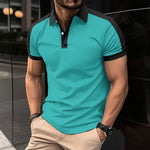 Men's short-sleeve polo shirt, teal with black collar and sleeve trim