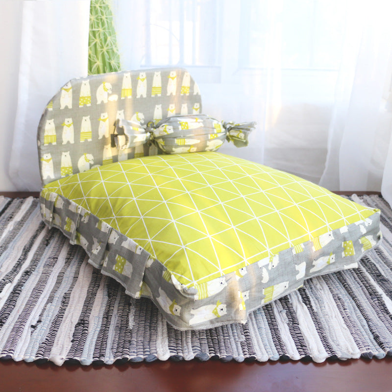 Small teddy dog pet bed with lime green geometric top and animal print side panels