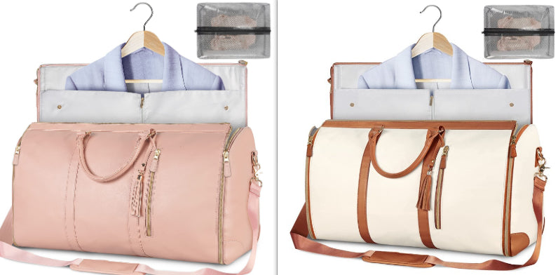 Light pink waterproof travel duffel with open clothing organizer and clear mesh pocket