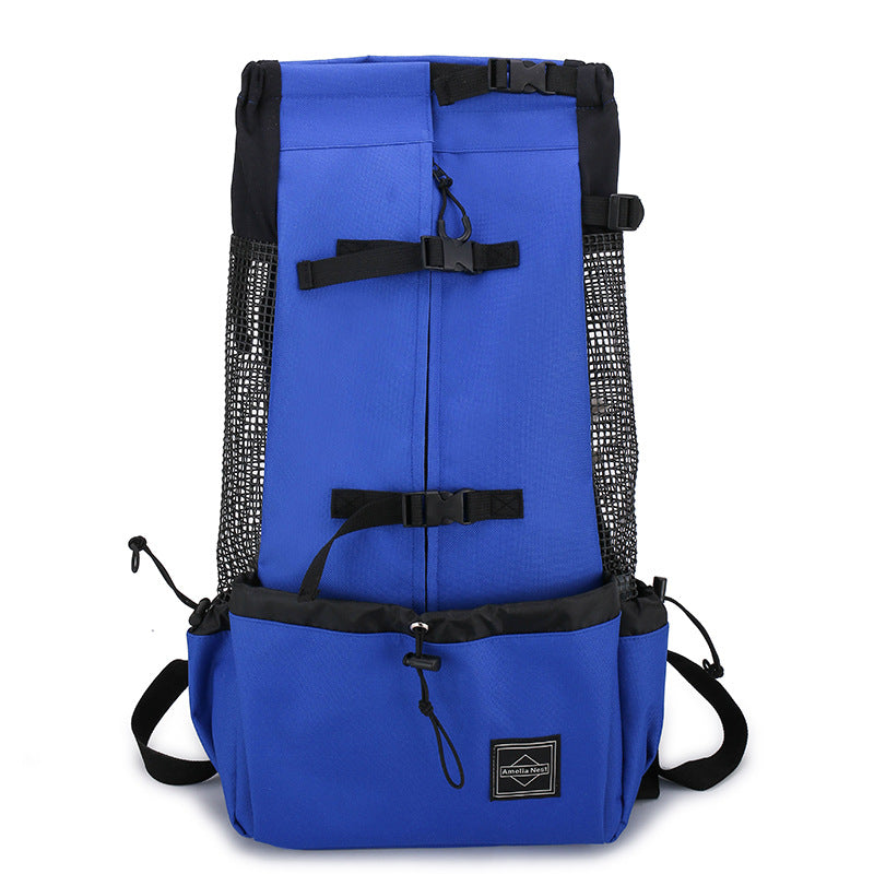 Blue pet dog carrier backpack with mesh side panels and black front pouch