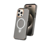 Gray transparent phone case with magnetic ring stand and camera cutouts