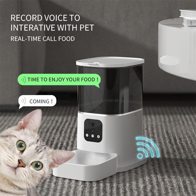 White smart pet automatic feeder with control panel and open food tray